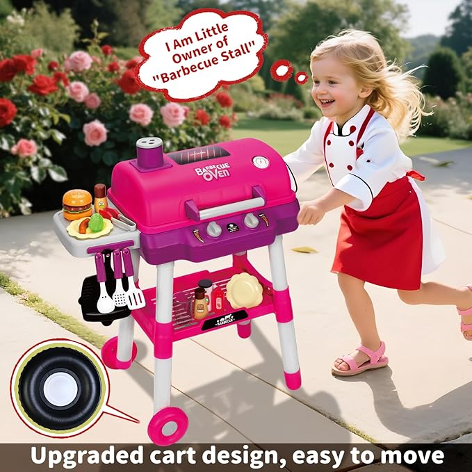 Kids Kitchen Toy Set, Kids BBQ Grill Playset with Smoke Sound Light, 2-Layer Barbecue Toy with Wheel, Simulation Cooking Interactive Toys, Kid Kitchen Playset, Christmas Birthday Gift for Boys Girls