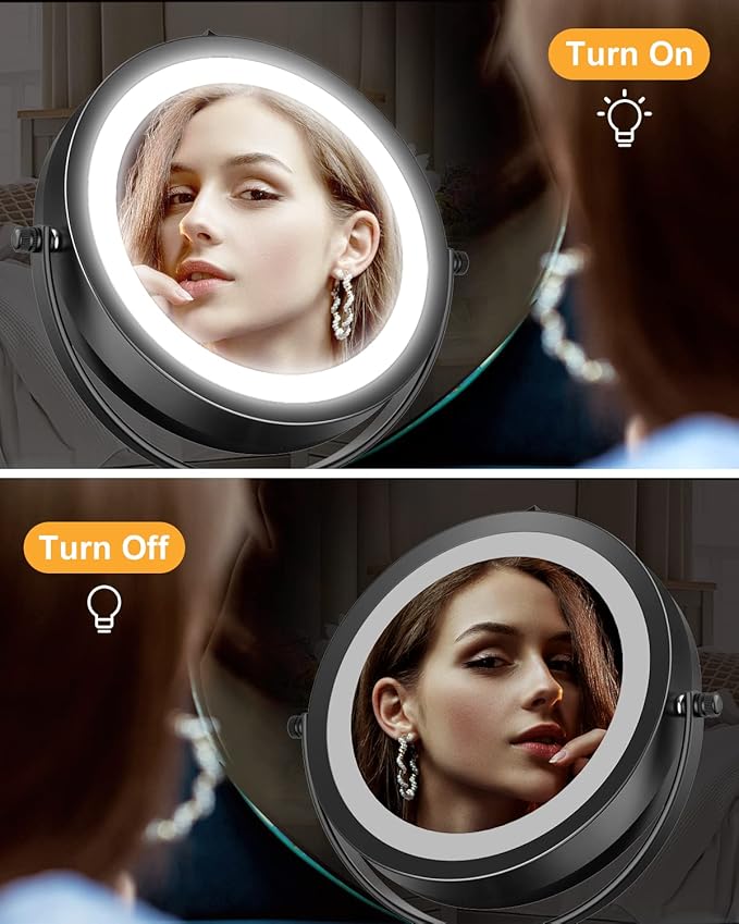 Gospire 7" Lighted Makeup Mirror with Magnification 10X/1X Double Sided, Round Magnifying LED Vanity Standing Cosmetic Shaving Mirror with Battery Operated, Cordless Portable for Bathroom Bedroom