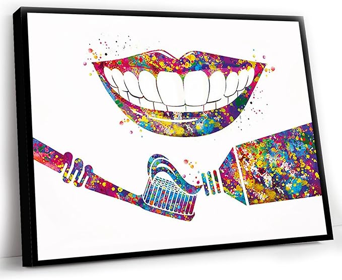 HFKSRJGW Dental Office Gifts,Dental Care Watercolor Print Tooth Medical Art Toothbrush Dental Clinic Decor Gift Toothpaste Dentist Dentistry Office Dental Hygienist,12"x16"Framed Wall Art