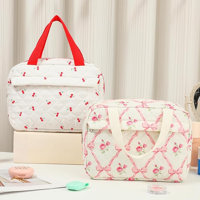 Large Size Quilted Coquette Makeup Bag, Cute Preppy Floral Cotton Travel Cosmetic Organizer Bag with Top Handle, Multi-Layer Travel Toiletry Pouch for Girls (03Pink Bow)