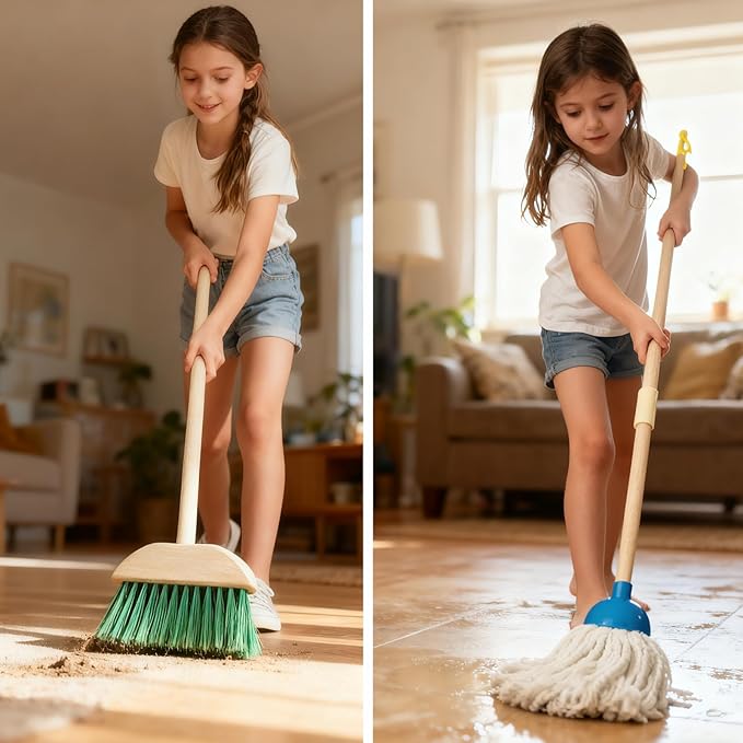 Kids Cleaning Set, 8 Pack Wooden Housework Cleaning Includes Broom Mop Duster Dustpan Brushes Rag and Organizing Stand, Solid Beech Wood , Cleaning Toys Gift for Toddlers Girls Boys Age 3-8