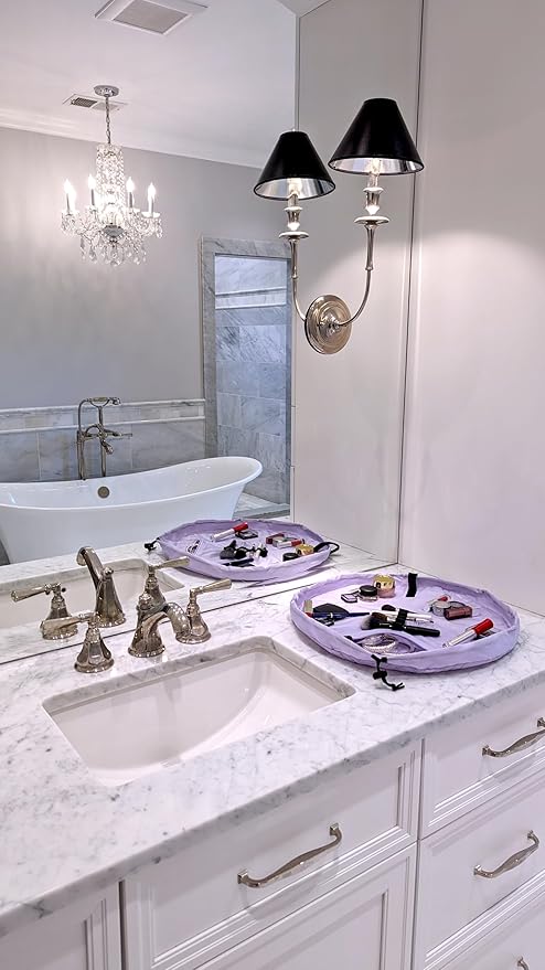 Lay-n-Go Cosmo Layflat Drawstring Cosmetic & Makeup Bag Organizer - Portable Drawstring Bag w/Zipper Pocket, Makeup Loops & More - Durable, Machine Washable Toiletry Bag for Travel (20", Quilted)