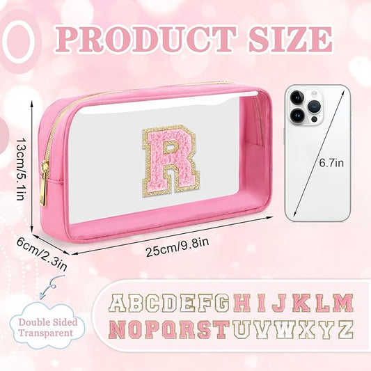 Small Clear Personalized Initial Makeup Bag,Nylon Preppy A-Z Chenille Letter Patch Cosmetic Pouch Beach Toiletry Bag,Waterproof Zipper Travel Purse Storage Bag Organizer for Women Girls(Pink-Pink R)