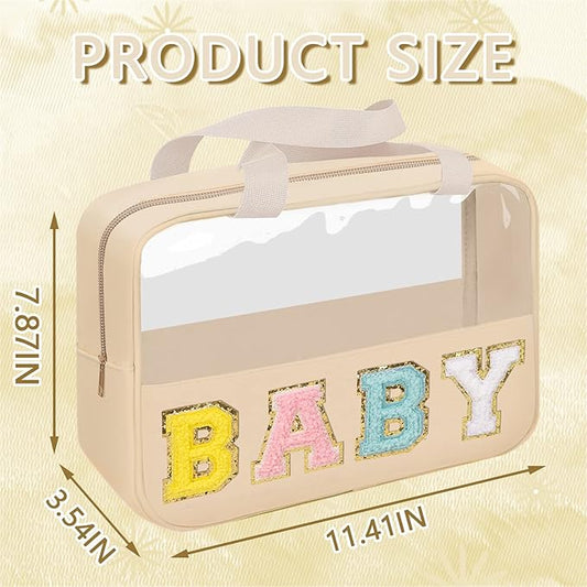 Iqimott Chenille Letter Patch Baby Bag, Preppy Clear Makeup Cosmetic Bag Large Toiletry Storage Tote Bag with Handle, Transparent Nylon Waterproof Organizer Zipper Pouch for Travel Women Girls(Beige)