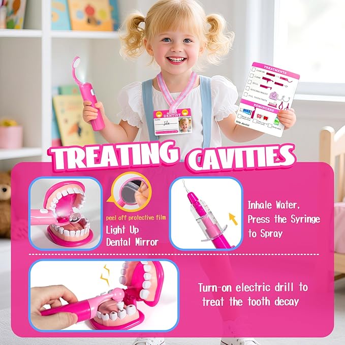 ULOVEME Kids Dentist Play Set Pink with Braces /Removable Teeth /Retainer - Doctor Kit for Toddlers 3-5 - Educational Toys for 4+ Year Old Girls - Pretend Play Toy for Ages 5-7 (Fushia)