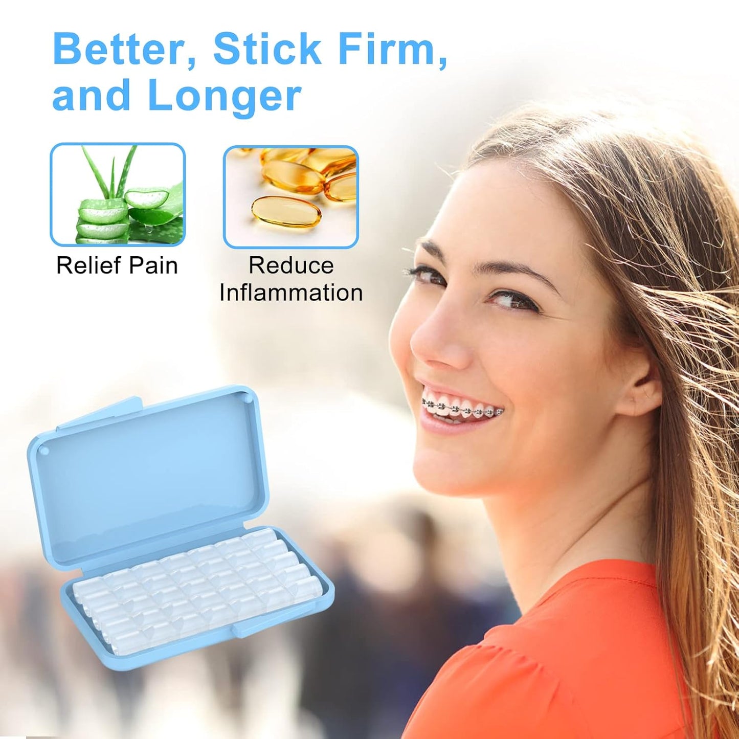 Braces Wax, Premium 50 Precut Orthodontic Wax Strips 350+ Dots, Blue Cases, w/Storage Box & 2 Applicator Tools, Food-Grade Dental Wax for Braces - Stick Better (Mint+Aloe Vera +Vitamin E)