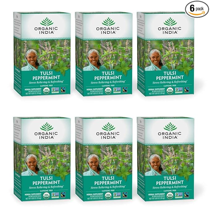 ORGANIC INDIA Tulsi Peppermint Tea - Caffeine Free Herbal Mint Tea - Stress Relieving Holy Basil, Immune Support, Aids Digestion, Vegan, USDA Certified Organic, Fairtrade - 18 Infusion Bags, 6 Pack