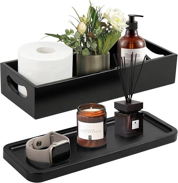 LotFancy Bathroom Decor Box and Vanity Tray, Set of 2, Wooden Toilet Tank Basket Topper, Bathroom Tray for Counter, Black Farmhouse Bathroom Decor