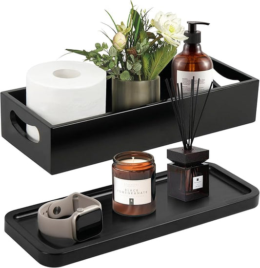 LotFancy Bathroom Decor Box and Vanity Tray, Set of 2, Wooden Toilet Tank Basket Topper, Bathroom Tray for Counter, Black Farmhouse Bathroom Decor