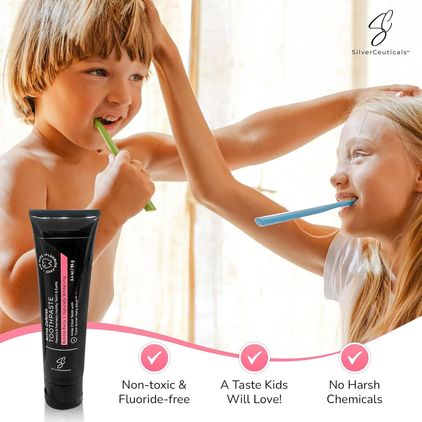 Colloidal Silver Toothpaste - Bubble Berry - Remineralize Tooth Enamel - SLS & Fluoride Free Cavity Protection - Gum Health - Bad Breathe - Gingivitis - Coral Calcium & Xylitol - 3.4oz - Pack of 2