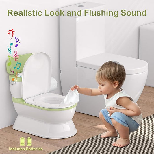 2-in-1 Toddler Potty Training Toilet - Larger Potty Chair & Detachable Training Seat for Boys & Girls Ages 1-3 with Flushing Sound, Wipes Storage, Toilet Paper Holder - Green