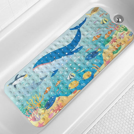 LNOND Bath Mat for Tub for Kids, Whales and Fish Bathtub Mat, Kids Bath Mats for Bathroom Non Slip with Drain Holes and Suction Cups,Machine Washable (40 X 16 Inch)
