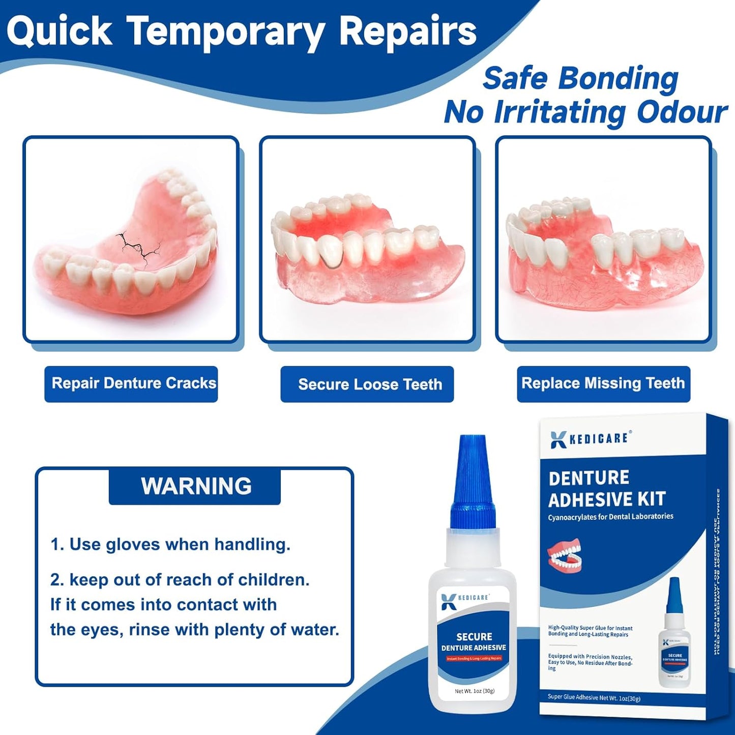 Dental Lab Denture Repair Glue Kit (1oz), Instant Bonding Denture Adhesive, Repair Cracks and Secure Loose Teeth, Safe Bonding No Irritating Odour