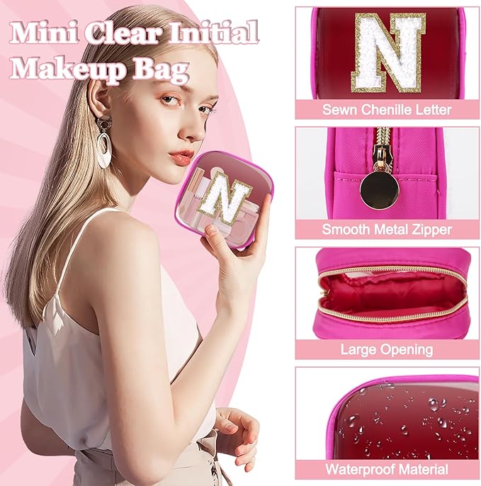 Mini Clear Personalized Initial Makeup Bag,Nylon Preppy A-Z Chenille Letter Patch Zipper Cosmetic Bag, Small Cute Beach Pouch Travel Purse Sanitary Napkin Storage Bag for Women Girls(Hot Pink-White N)