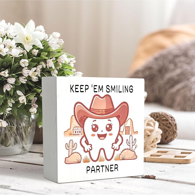 Western Vintage Dental Hygienist Wooden Signs,Wild West Tooth Wooden Box Sign,Cowgirl Dentist Dental Decor For Home Desk Tabletop Shelf Decoration 5x5 Inches