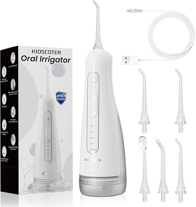 Water Flosser for Teeth with Detachable Washable Tank, 5 Modes Rechargeable Cordless Oral Irrigator, 300ml Portable Dental Flosser, IPX7 Waterproof for Home & Travel, White