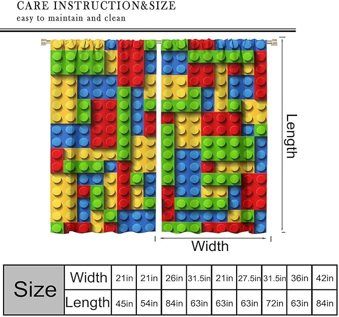Kids Building Blocks Toy Curtains for Kids Room W72 x L63 Inch Rod Pocket Contour Plastic Colorful Toy Bricks Geometric Print Pattern Curtains for Boys Girls Bedroom 2 Panels