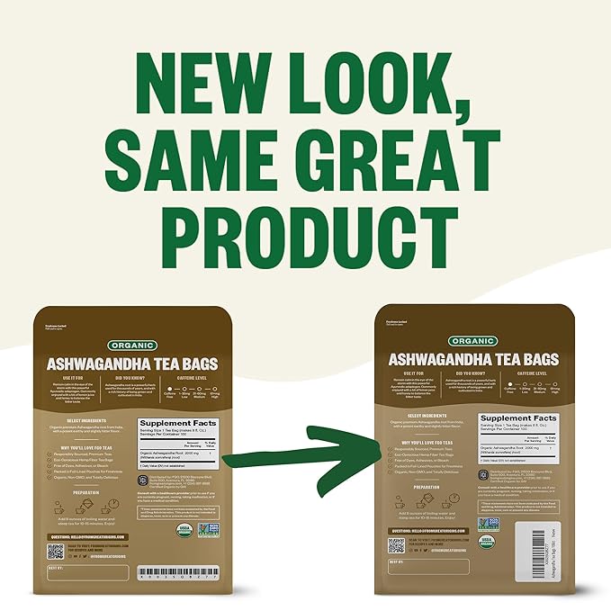 FGO Organic Ashwagandha Tea, 100 Count, Eco-Conscious Herbal Tea Bags, Resealable Bag, Caffeine Free, Packaging May Vary (Pack of 1)