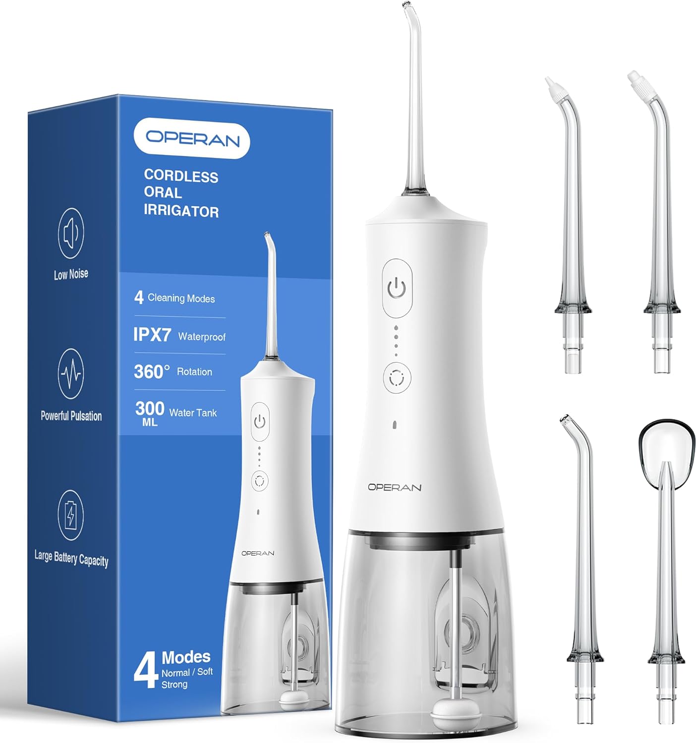 Operan Water Flosser for Teeth Cleaning Upgraded 300ml Cordless Water Dental Flossers Rechargeable Oral Irrigator with 4 Modes 4 Jet Tips IPX7 Waterproof Water Floss for Home Travel (White)+1Pack