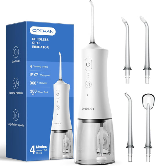Operan Water Flosser for Teeth Cleaning Upgraded 300ml Cordless Water Dental Flossers Rechargeable Oral Irrigator with 4 Modes 4 Jet Tips IPX7 Waterproof Water Floss for Home Travel (White)+1Pack