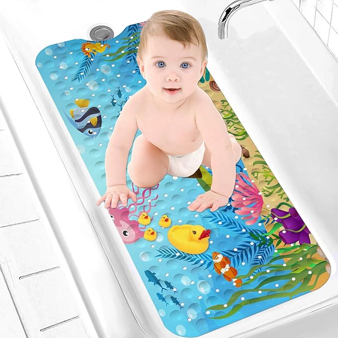 LNOND Bath Mat for Tub for Kids, Sea Turtle Bathtub Mat, Kids Bath Mats for Bathroom Non Slip with Drain Holes and Suction Cups,Machine Washable (40 X 16 Inch)