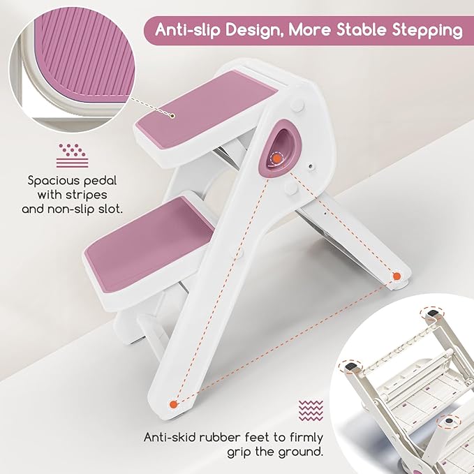 Foldable Toddler Step Stool for Bathroom Sink - 2-Step Kids Stool for Potty Training, Kitchen Counter & Bedroom, Sturdy Non-Slip Child Safety Stool Helper