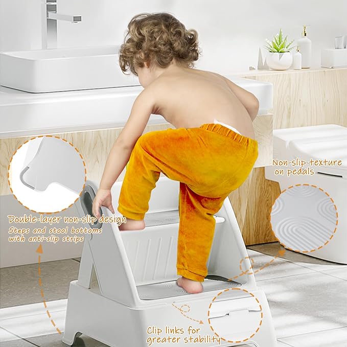 Foldable Two Step Stool for Toddlers,Kids stools for Bathroom,Non-Slip with Handles Kids Step Stool for Bathroom Sink,Toilet Bedroom,Potty Training,Kitchen (Gray)