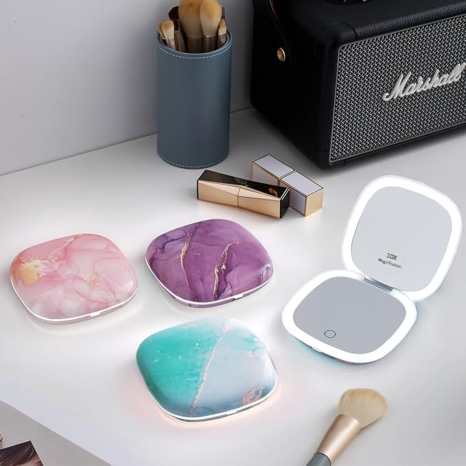 Mocado Compact LED Travel Makeup Mirror - 4 Inches 1X/10X Magnification Travel Mirror with Light Dimmable Double Sides Lighted USB Rechargeable Compact Mirror for Purse,Pocket,Travel(Blue Marble)