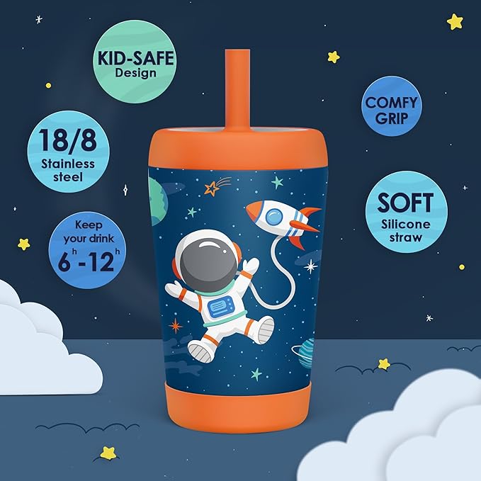 Kid Insulated Stainless Steel Tumbler with Silicone Straw, 12oz Sippy Cup for Kids (Astronaut)
