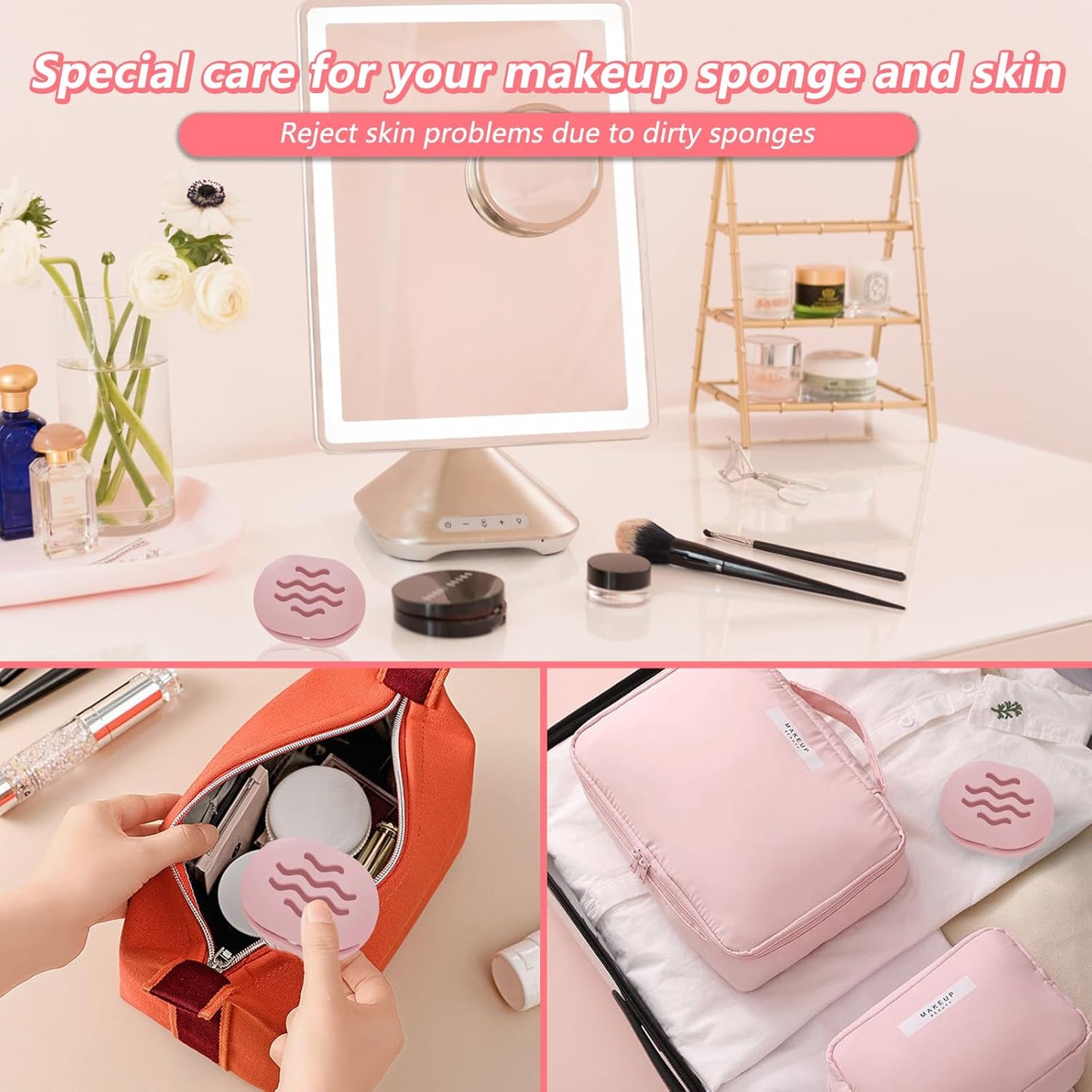 Makeup Sponge Holder,Travel Make up Sponges Organizer,Silicone Shatterproof Make Up Sponge Case,Breathable makeup sponge case, suitable for business or travel（Pink）