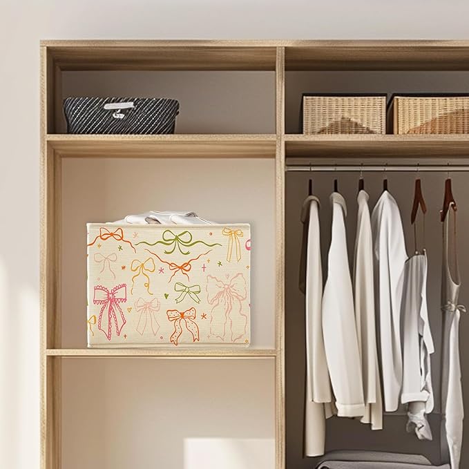 Preppy Bow Aesthetic Storage Basket Bin With Handles for Girls Kids, Preppy Bow Decor Foldable Organizer for Girls Room Nursery Bedroom Bathroom Clothes Toys Books