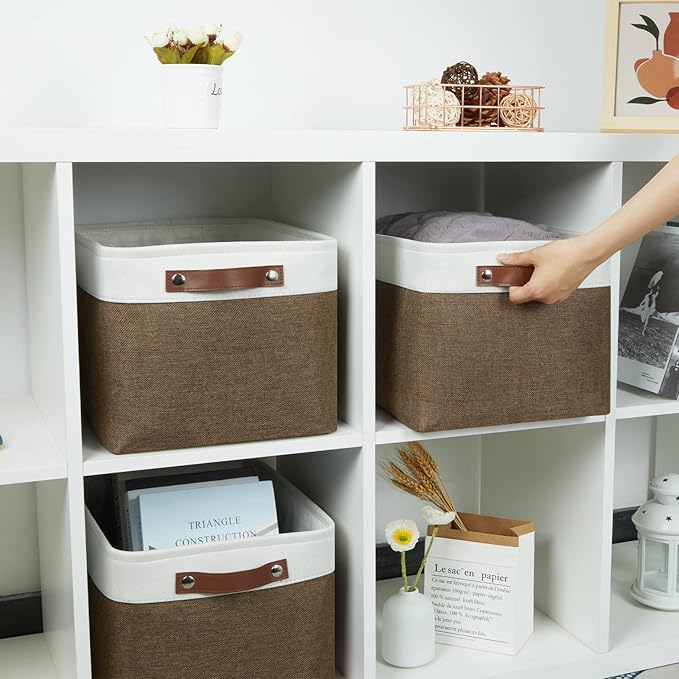 HNZIGE Fabric Storage Baskets (3 Pack) - Decorative Foldable Shelf Baskets with Leather Handles for Organizing Clothes (Brown & White, 15" x 11" x 9.5")