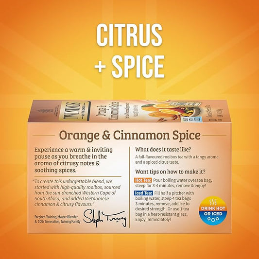 Twinings Orange & Cinnamon Spice Herbal Tea Individually Wrapped Bags, 20 Count (Pack of 2), Naturally Caffeine-Free, Enjoy Hot or Iced, 20 Teabags