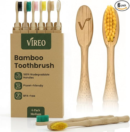VIREO Bamboo Toothbrushes Medium Bristles 6-Pack - BPA-Free Eco-Friendly Toothbrushes for Adults - Biodegradable, Natural Wooden Toothbrush