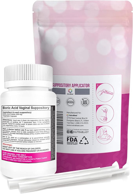 NutraBlast Boric Acid Vaginal Suppositories 600mg Bundle with Applicator, 30 Suppositories & 15 Applicators - Feminine Care - Made in USA
