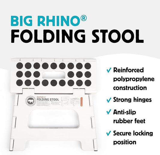 Kikkerland Rhino Foldable Step Stool – Holds Adults up to 300 Lbs, Best for Kitchen & Bathroom – Collapsible, Portable, Lightweight Stepping Stool with Sturdy, Non-Slip Design – White, 8”