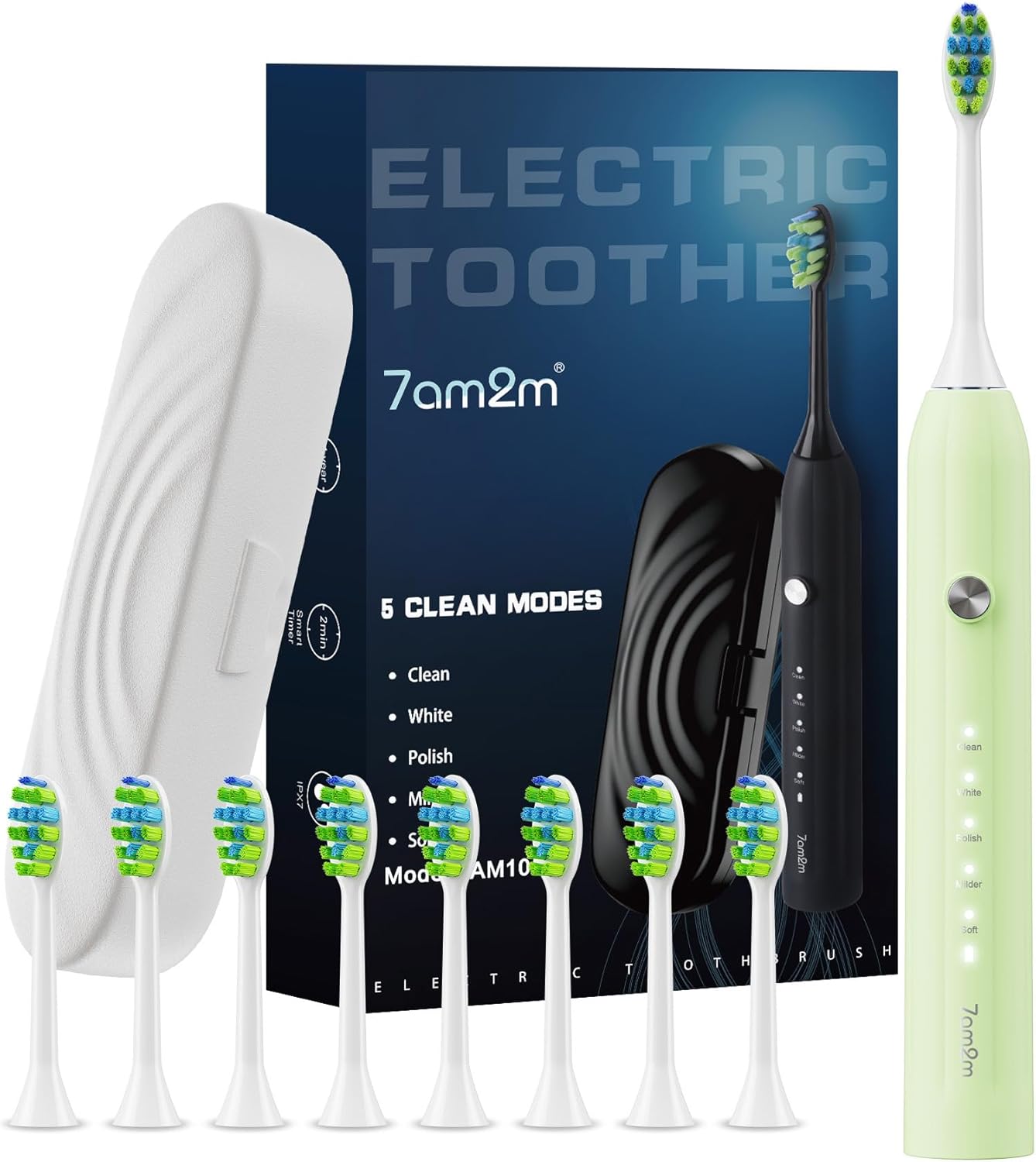 7AM2M Sonic Electric Toothbrush for Adults and Kids, with 8 Brush Heads and Travel Case,5 Modes with 2 Minutes Build in Smart Timer, One Charge Use for 90 Days, Rechargeable Toothbrushes (Light Green)