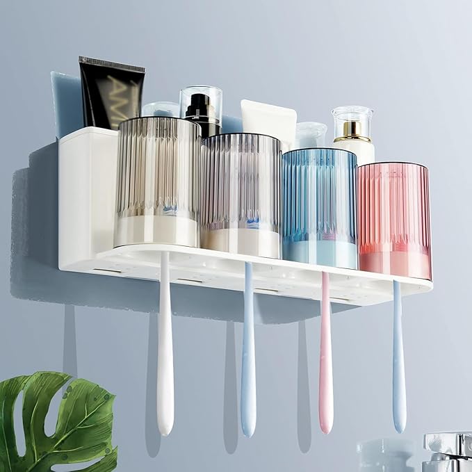 𝟐𝟎𝟐𝟓 𝐔𝐩𝐠𝐫𝐚𝐝𝐞𝐝 So Nice Toothbrush Holders for bathrooms Accessories Wall Mounted,Electric Shower Toothbrush Holder White Plastic toothbrushes Holder Set for Kids with 4 Cups