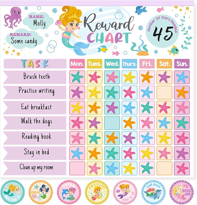 Reward Chart for Kids,Magnetic Behavior Chore Chart for Kids at Home,26 Mermaid Chore Charts,1960 Diamond Stickers,56 Reward Stickers,Incentive Chart to Develop Responsibility and Good Habits,Mermaid