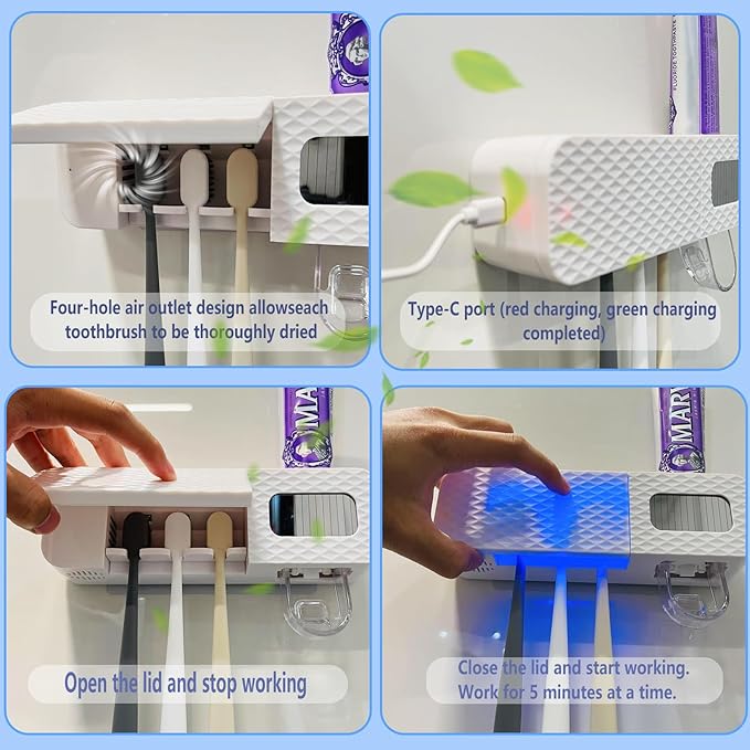 Smart Toothbrush Holder, Wall Mounted Toothbrush Holder with Toothpaste Dispenser, Drying Function and 3 Toothbrush Slots for Bathroom (White)