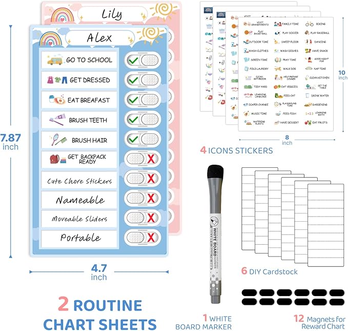 2 in 1 Namable Chore Chart - Dry Erase Morning/Bedtime Routine Chart for Kids - Magnetic Visual Schedule for Toddlers to Do List Checklist for Multiple Kids