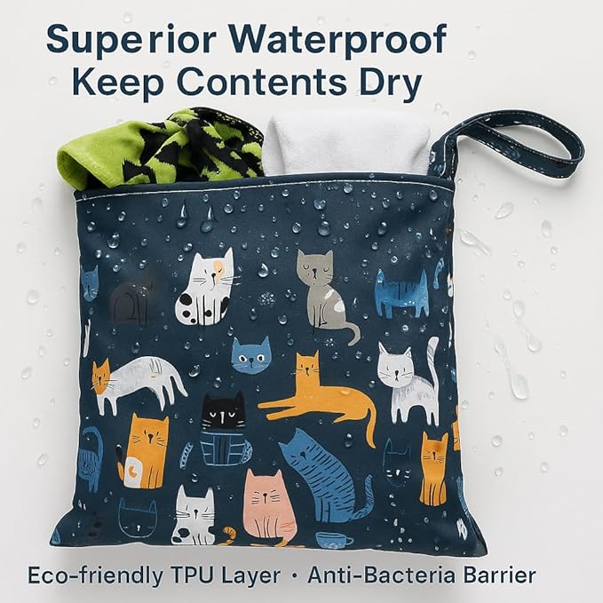 Waterproof Wet Dry Bag, Reusable Diaper Pouch with Zipper, Machine Washable Travel Organizer for Beach, Daycare, Kids, Dinosaur Pattern (Blue Cat)