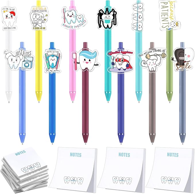 24 Pcs Dental Pen and Notepad Set Cute Tooth Ballpoint Pen Funny Notepad Dentist Assistant Accessories Dental Hygiene Month Gift for Nurse Doctor Medical Christmas Winter School Stationery