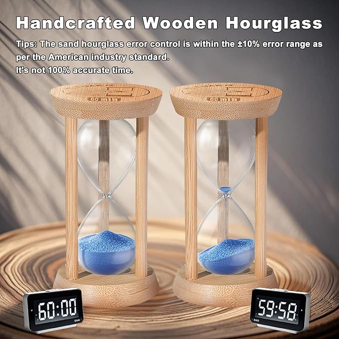 Wooden Sand Timers,10 Minute Stunning Glass Bamboo Blue Sand Hourglass for Productivity, Meditation & Decor, 10 Min Reloj De Arena for Kitchen, Office, Game (Blue)