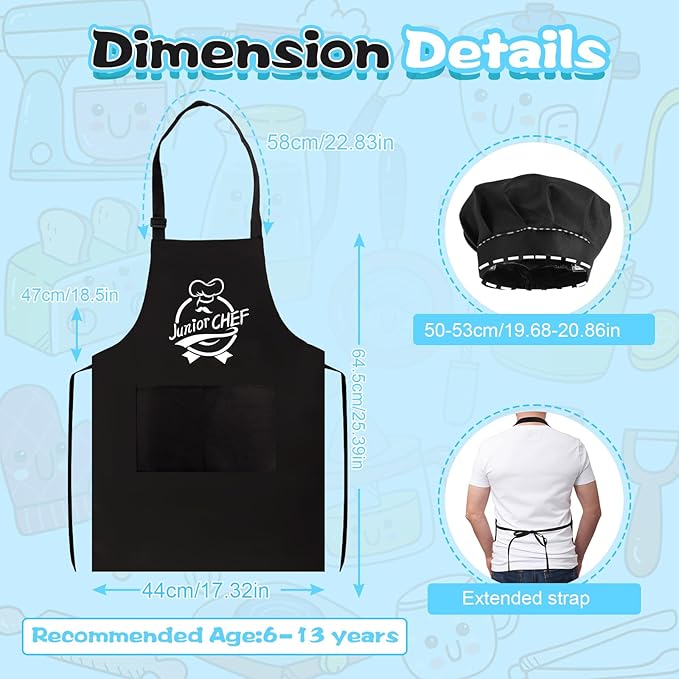 Kids Apron and Chef Hat Set, “Junior CHEF” Adjustable Funny Apron Child Kitchen Apron Cooking Baking Painting with 2 Pockets for Boys and Girls