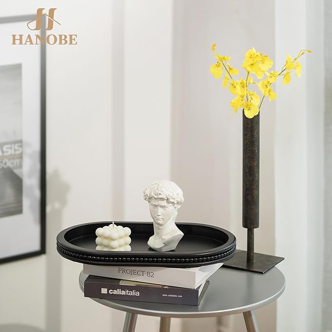 Hanobe Decorative Trays for Coffee Table : Black Oval Centerpiece Tray Wood for Farmhouse Entry Table Decor Round Bathroom Tray for Living Room Kitchen Counter