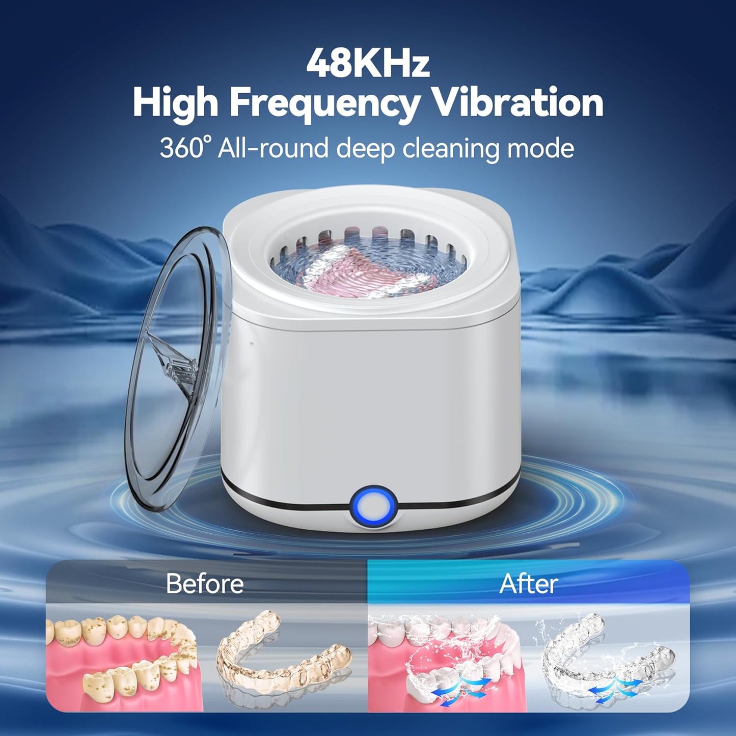 Ultrasonic Retainer Cleaner, 48kHz Retainer Cleaner Machine for Dentures, Mouthguard, Braces, Night Guard, Toothbrush, Jewelry with 7.8OZ Dental Cleaning Pod-Cool White