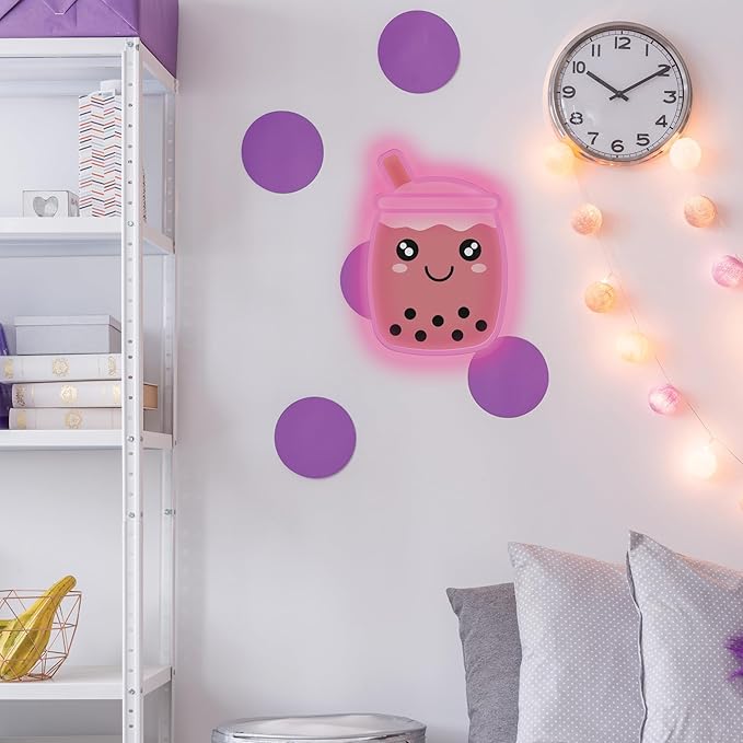 Bubble Tea NEON Wall Sign, Cute Drink LED Light, Wall Decor, Perfect for Holiday and Birthday Gift, Party Decor, Pink Bubble Tea with face for Kids Room, Bar, Restaurant