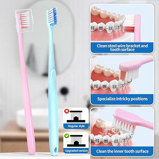 Orthodontic Care Travel Kit | V-Shape Toothbrush with Soft Bristles, Interdental Brushes, Orthodontic Wax, and Breathable Case | Portable Dental Kit for Braces and Aligners（BLUE）