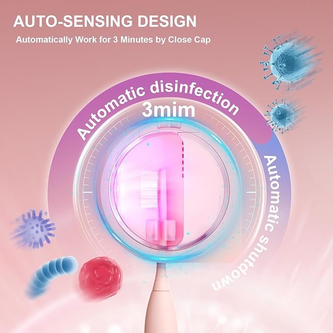 UV Toothbrush Sanitizer Holder, Toothbrush Sanitizer and Holder Cover Caps with Fan Drying, Rechargeable Portable Toothbrush Cleaner Case Fits Most Electric and Manual Toothbrushes (Pink)